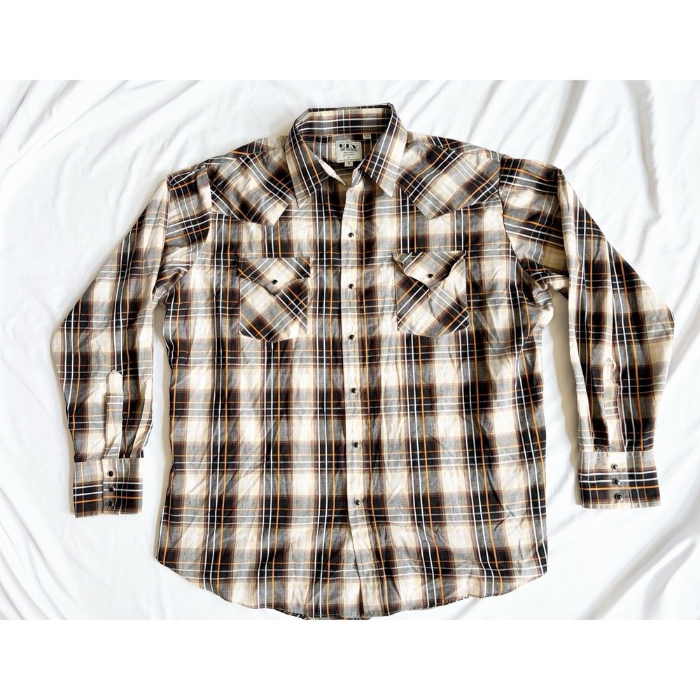 Ely Cattleman Shirt XL Pearl Snap Long Sleeve Brown Plaid Lightweight